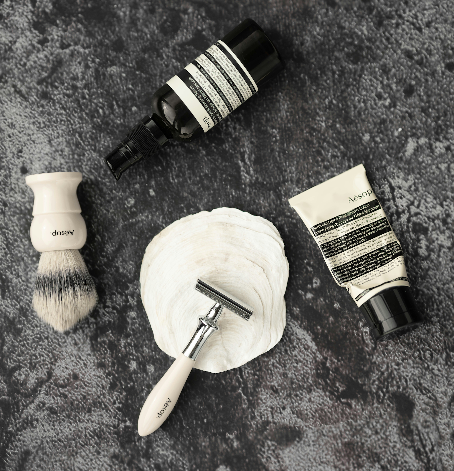 A shaving kit complete with brush and safety razor