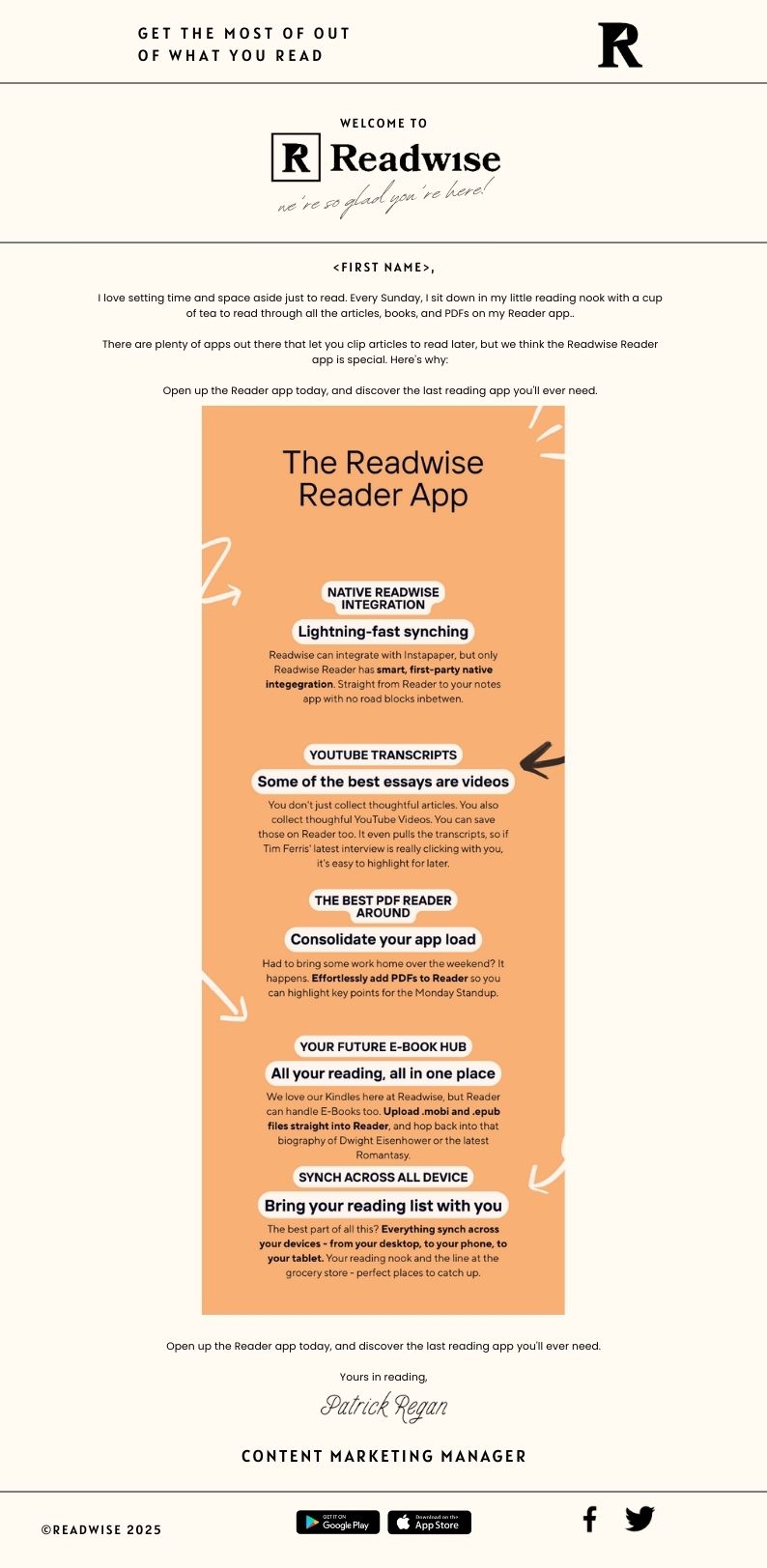 Email showcasing the features of the Readwise Reader app.