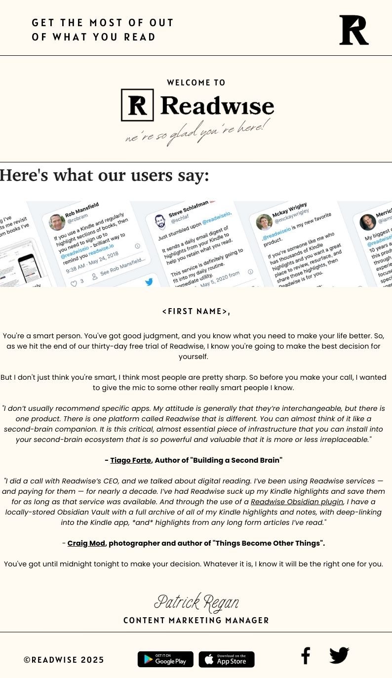Email with testimonials from Tiago Forte and Craig Mod about the benefits of Readwise